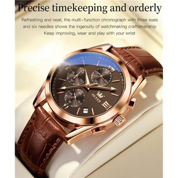 Men's Chronograph Quartz Watches, Leather Strap Gold Case Waterproof - Picture 2 of 6